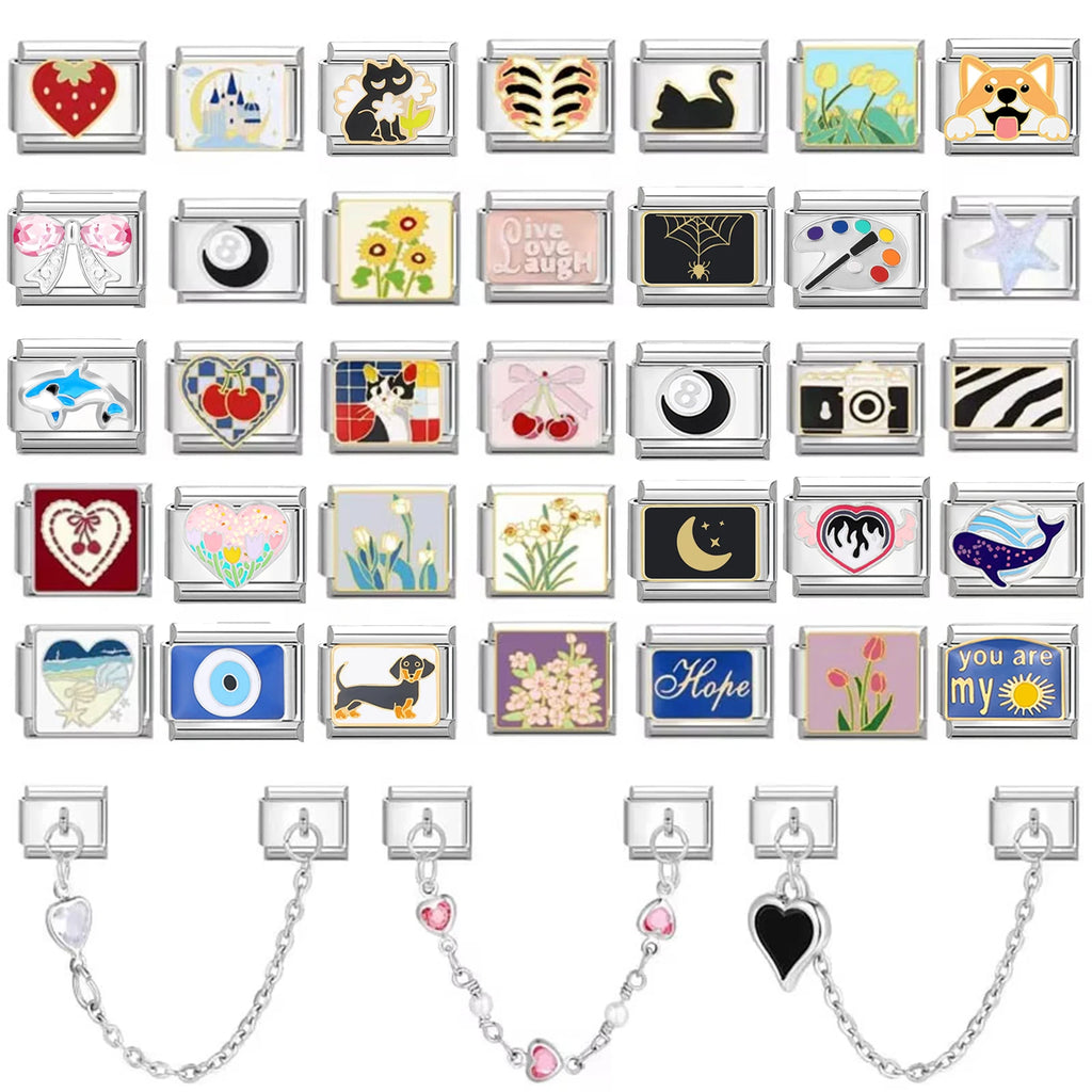 Charm Italiano de Acero Inoxidable – Diseño Ball No.8, Corazón, Cereza, Arcoíris, Gatos y Flores para Pulseras de 9mm