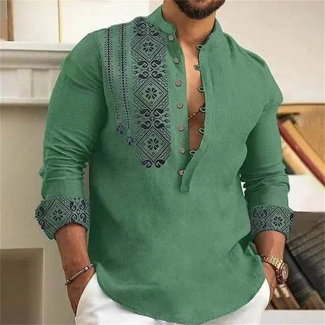 Camisa Masculina de 7 Botones – Manga Larga, Cuello Henley en V y Estilo Casual Holgado