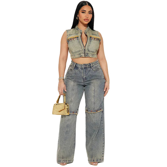 Vaqueros holgados de pierna ancha Y2k para mujer, estilo urbano vintage lavados