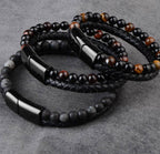 Pulseiras de Pedra Natural Couro Genuíno Trançadas Fecho Magnético de Aço Inoxidável Preto Olho de Tigre - A.S Foco