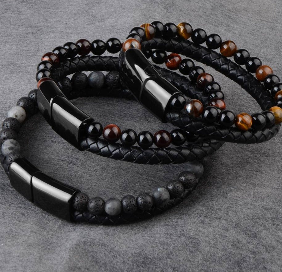 Pulseiras de Pedra Natural Couro Genuíno Trançadas Fecho Magnético de Aço Inoxidável Preto Olho de Tigre - A.S Foco